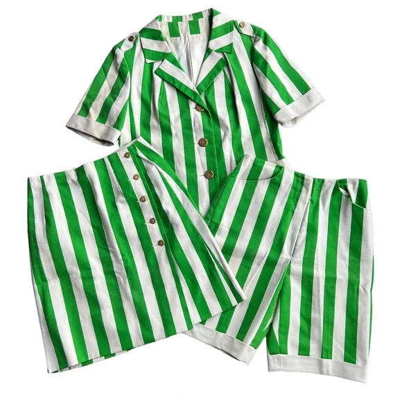 Vintage 1960's Arthur Jay Green and White Striped 3 Piece Jacket Skirt Short Set - Picture 1 of 13